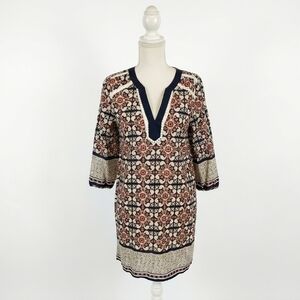 Entro Printed V-Neck Tunic Dress in Navy, Cream & Rust Entro Small Nwt